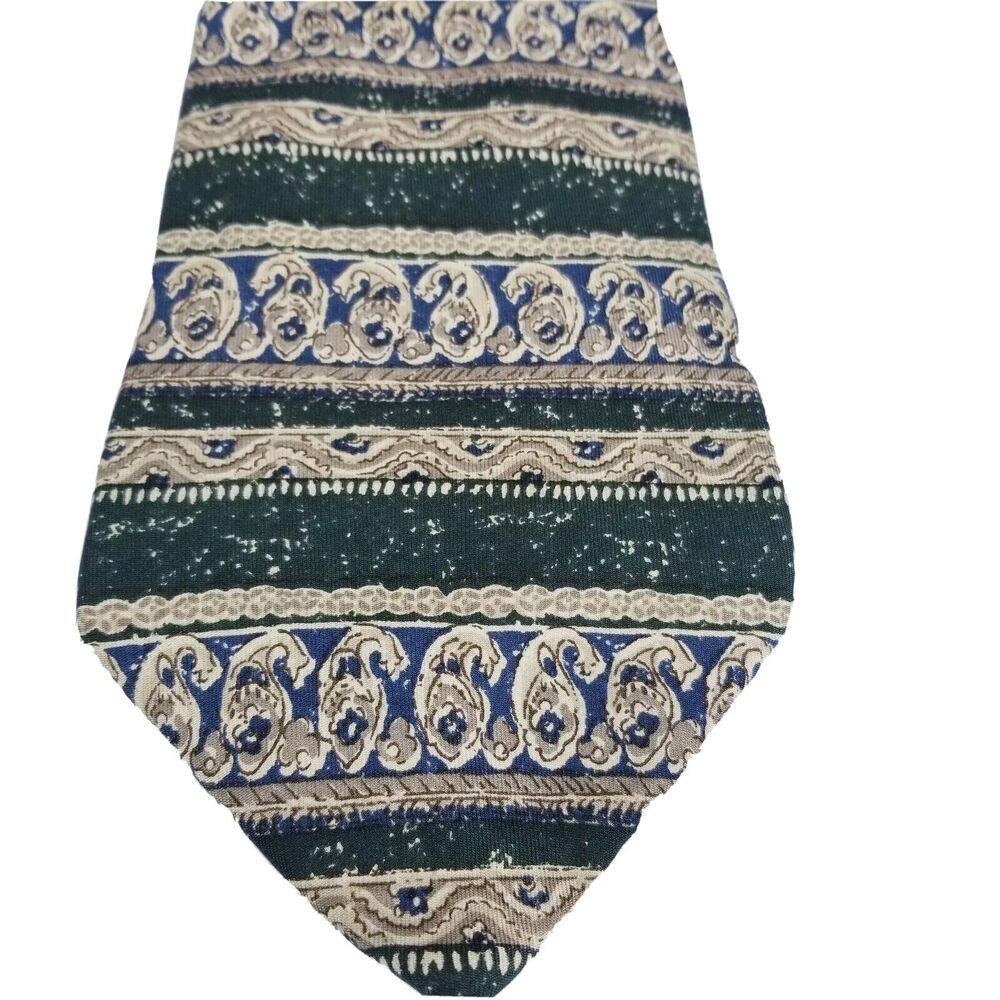 Tommy Hilfiger Men's Tie 100% Silk Made in USA Green Striped Abstract Pattern